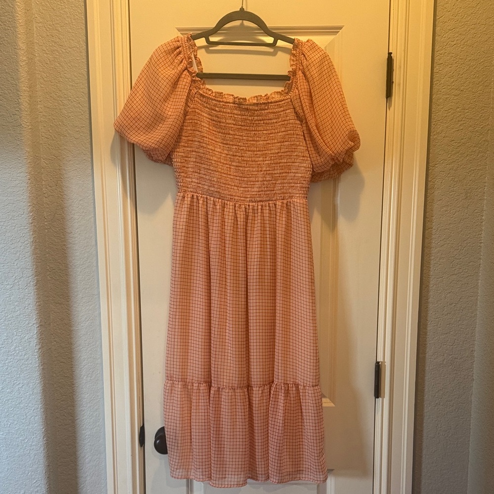 LC Lauren Conrad Peach Checkered Midi Dress